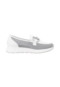 Hvide sneakers med en mesh grå sidepanel, rund tå og en sølvfarvet spænde. Har en polstret sål for komfort.