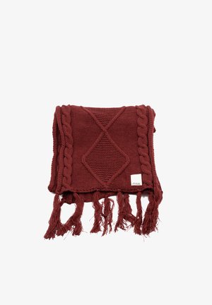 Sciarpa di maglia color bordeaux con bordo intrecciato, motivo a diamante al centro e dettagli con frange sul fondo.