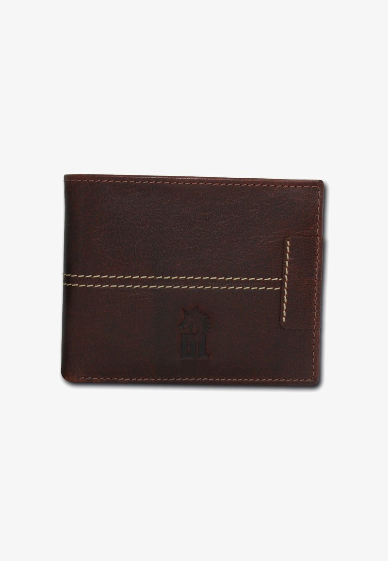 Brown leather wallet with a textured finish, white stitching, and an embossed logo. Features a card slot on the right side.