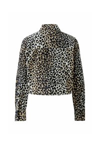 Geschnittene Jacke im Leopardenmuster, bestehend aus einer Mischung aus Beige, Schwarz und Hellbraun. Weicher Stoff mit langen Ärmeln und Kragen.