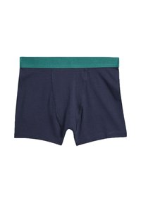 Mörkblå boxershorts i bomullsblandning med en teal-färgad elastisk midja; har dubbelsömmar och en stödjande design.