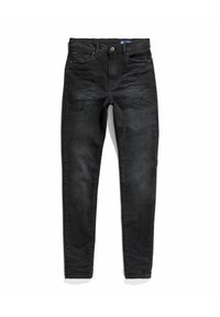 Jeans de denim negro slim fit con botón frontal, trabillas para cinturón y dos bolsillos frontales, dispuestos sobre un fondo blanco.