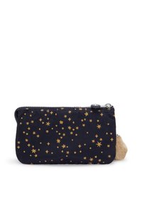 Navy pouch with gold star pattern, zip closure, and a textured cream-colored pom-pom attached. Lightweight fabric design.