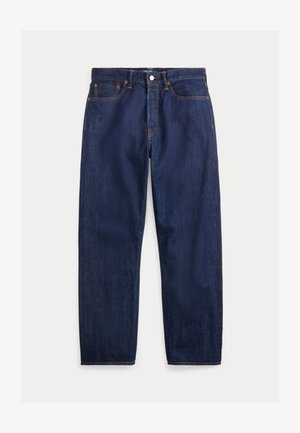 Blugi din denim albastru închis, cu un design drept, având un fermoar la brâu, două buzunare frontale și cusături portocalii vizibile.