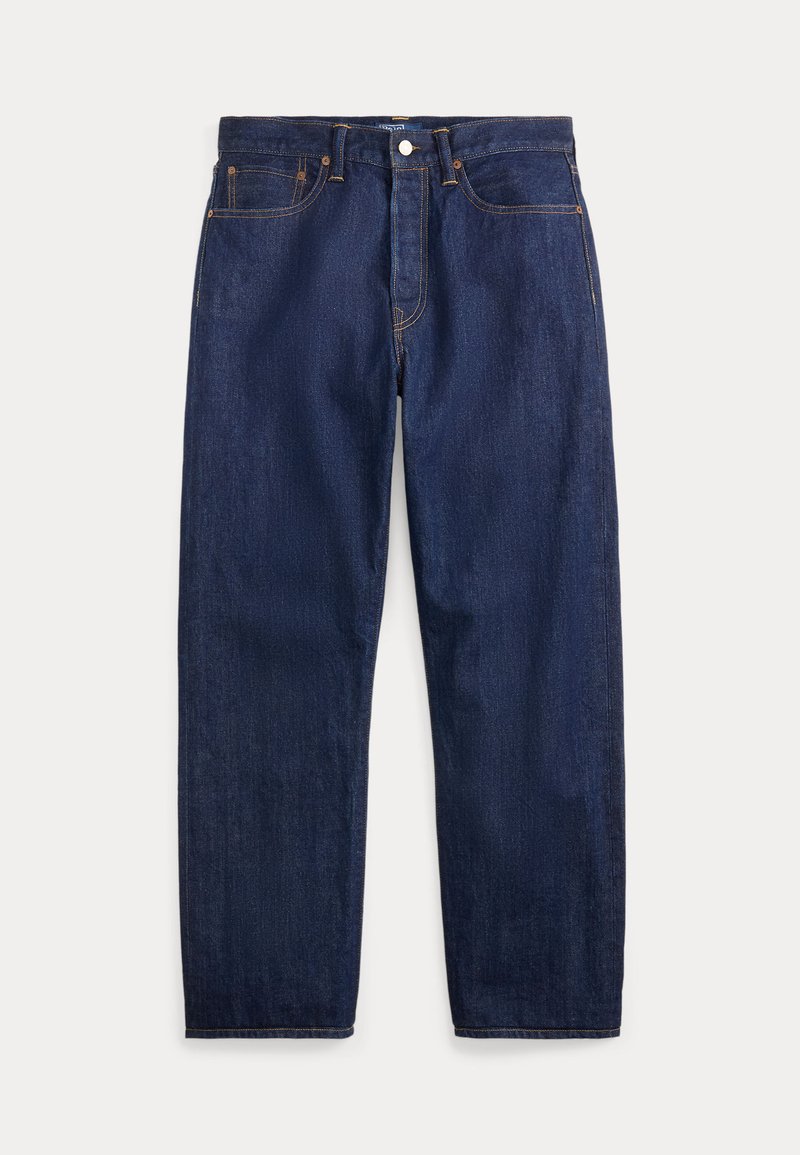 Dark blue denim jeans with a straight leg design, featuring a zip fly, two front pockets, and visible orange stitching.