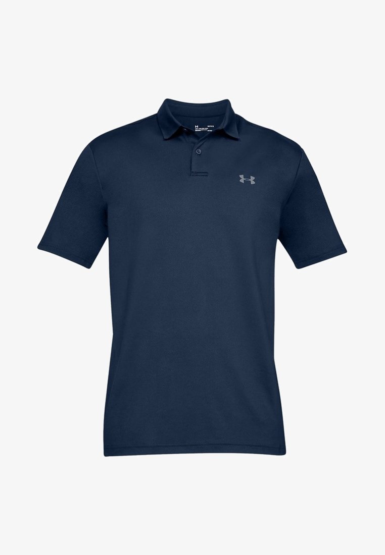 Polo manches courtes bleu marine avec col et patte à deux boutons, arborant un petit logo Under Armour sur la poitrine.