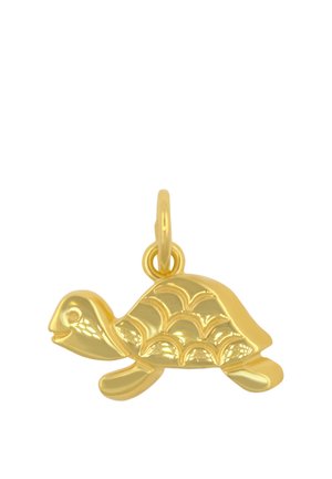Goldener Anhänger in Schildkrötenform mit detailliertem Panzer-Muster und kleinem Öse zum Befestigen an einer Halskette oder einem Armband.