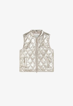 Veste matelassée argent métallique sans manches avec fermeture éclair devant et deux poches latérales zippées, avec un petit logo sur la poitrine.