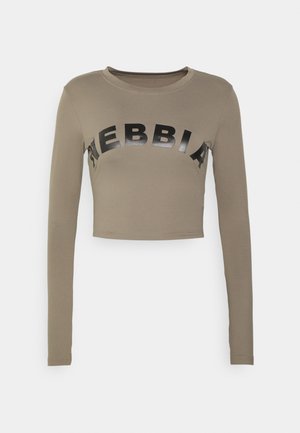 Khaki long-sleeve cropped top made of soft fabric. Features a glossy black "NEBBIA" text across the front in a bold sans-serif font.