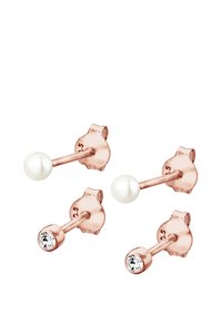 Boucles d'oreilles clous en or rose ornées d'une grande perle blanche et d'un cristal transparent rond, chacun monté sur un mince tige.