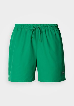 Pantaloncini da bagno verdi in tessuto liscio. Presentano una fascia elastica con coulisse e un piccolo logo sulla parte anteriore inferiore.