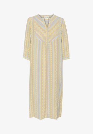 Kerge kollase ja sinise värvusega kleit, millel on geomeetriline muster, kolmveerandvarrukad, V-kaelus ja nupuvajutused ees.