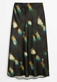 Black skirt featuring an abstract pattern of blurred teal, white, and brown shapes. Material appears lightweight and smooth with a flowing design.