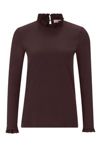 Long-sleeve, fitted top in dark burgundy cotton. Features a ruffled mock collar and ruffled cuffs. Smooth texture with subtle sheen.
