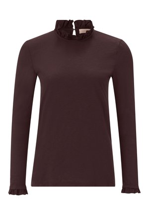 Long-sleeve, fitted top in dark burgundy cotton. Features a ruffled mock collar and ruffled cuffs. Smooth texture with subtle sheen.