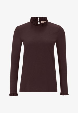Long-sleeve, fitted top in dark burgundy cotton. Features a ruffled mock collar and ruffled cuffs. Smooth texture with subtle sheen.