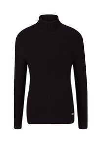 Svart ribbad polotröja med långa ärmar och en figurnära design. Har en liten märkeslapp på undersidan. Texturerat stickat material.