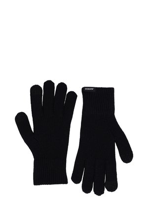 Juodos megztos pirštinės su lietimui jautriais pirštais, ant dešiniojo pirštinės rankogalių esančia „CHASIN'“ etikete.