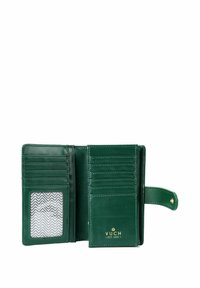 Green leather wallet with multiple card slots, a transparent ID pocket, and gold branding. Smooth texture, and secure snap closure.