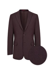 Burgundowa wełniana marynarka o dopasowanym kroju, z pojedynczym zapięciem na guzik, klapami w kształcie notcha i naszytymi kieszeniami. Teksturowany materiał z delikatnym wzorem.