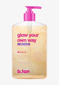 Clear pump bottle of golden glow gradual tan gel with shimmer, containing hyaluronic acid and pro-vitamin B5, labeled vegan friendly formula.