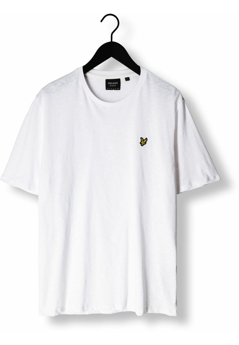 T-shirt di cotone bianco a maniche corte, con un piccolo logo di una farfalla gialla sul lato sinistro del petto. Design semplice e classico con collo girocollo.