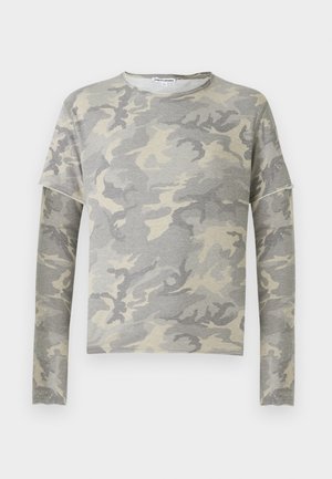 Gray camouflage sweatshirt with long sleeves, round neck, and slight drop shoulder design. Made from soft fabric with a smooth texture.
