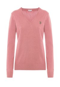 Maglione rosa a collo a V realizzato in tessuto morbido, con maniche lunghe e un piccolo logo ricamato sul lato sinistro del petto.
