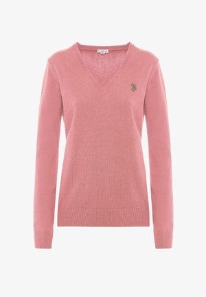 Maglione rosa a collo a V realizzato in tessuto morbido, con maniche lunghe e un piccolo logo ricamato sul lato sinistro del petto.
