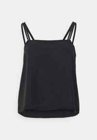 Czarny top na ramiączkach z regulowanymi spaghetti, luźny krój i lekko zaokrąglony dół. Wykonany z miękkiego, lekkiego materiału.