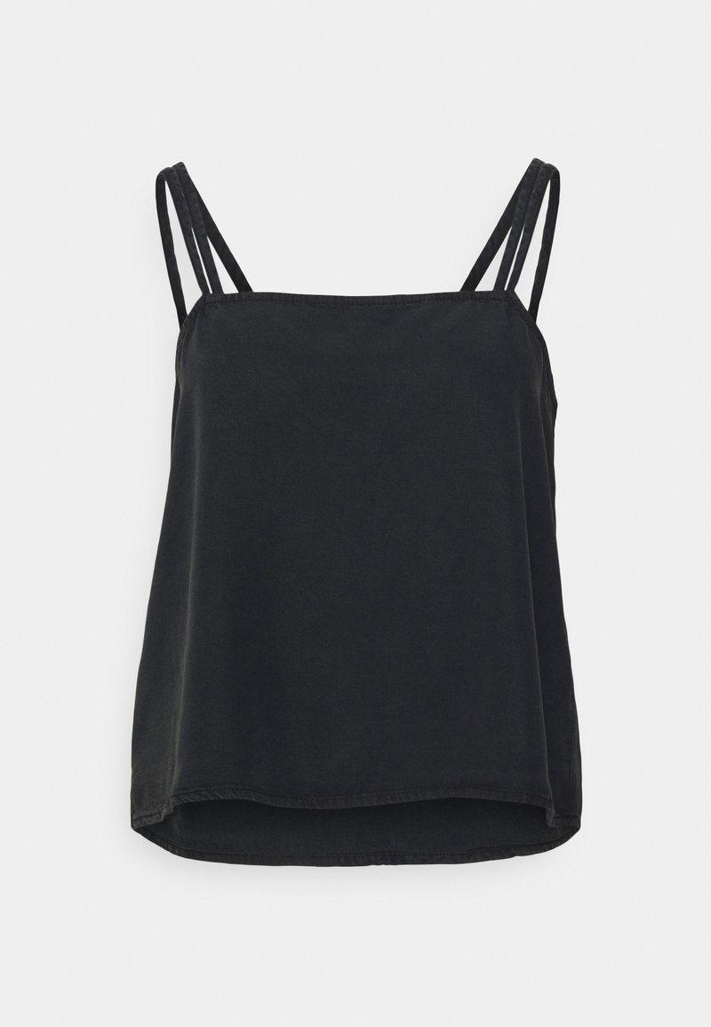 Czarny top na ramiączkach z regulowanymi spaghetti, luźny krój i lekko zaokrąglony dół. Wykonany z miękkiego, lekkiego materiału.