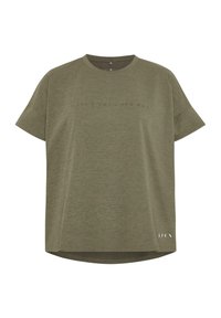 Olīvu zaļa pārāk liela t-kreklā izgatavota no mīksta auduma, ar apaļu kakla izgriezumu un īsām piedurknēm, ar smalku drukātu dizainu uz priekšpuses.