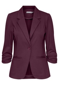 Blazer bordeaux en tissu lisse, avec un col cranté, une fermeture à un bouton, deux poches avant et des manches trois quarts.