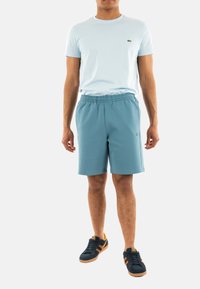 T-shirt azzurro chiaro a girocollo, abbinato a pantaloni corti blu; entrambi realizzati in tessuto morbido. Scarpe nere con accenti arancioni. Vestibilità classica.
