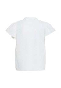 White short-sleeve blouse with puffed sleeves and subtle textured dot pattern on soft fabric, shown from the back.