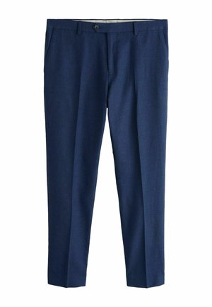 Férfi szabott tengerészkék elegáns nadrág övhurkokkal, elülső gombbal, cipzárral és oldalzsebekkel.