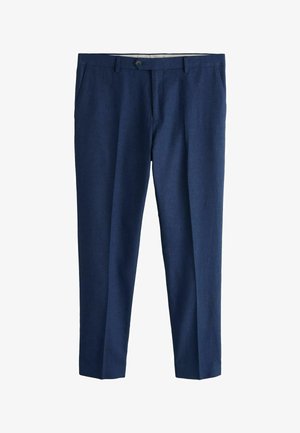 Pantalon habillé bleu marine sur mesure pour homme avec passants de ceinture, bouton frontal, braguette zippée et poches latérales.