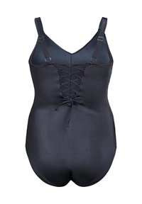 Melnā viengabala peldkostīmā ar regulējamiem siksniņām, mežģīņu priekšpuses dizainu, gludu tekstūru un vienotu krāsu. Piemērots ūdens aktivitātēm.