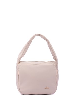 Beige padded shoulder bag with wide strap, rectangular shape, zipper closure, and small gold brand logo on front bottom corner.