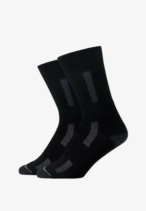 Zwarte sokken met een geribde bovenkant, verstevigde hak en teen, en grijze accenten met een gestructureerd patroon en verticale strepen.