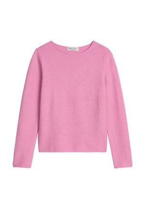 Pink long-sleeve sweater with a crew neckline, made from knit fabric. Features a fitted cut and smooth texture. Minimalist design, no patterns.