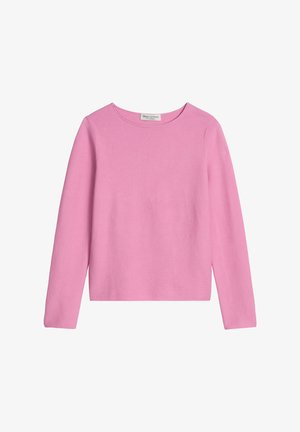 Pink long-sleeve sweater with a crew neckline, made from knit fabric. Features a fitted cut and smooth texture. Minimalist design, no patterns.