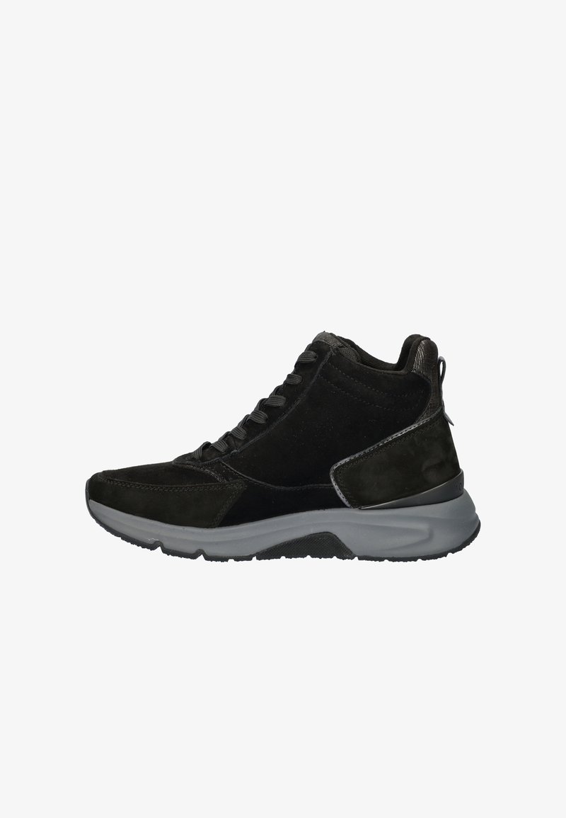 Black suede high-top sneaker with round toe, lace-up front, padded collar, and gray rubber sole. Features a smooth texture and minimalist design.