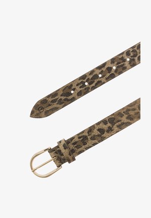 Leopard print suede belt with gold metal buckle and multiple adjustment holes on a white background.