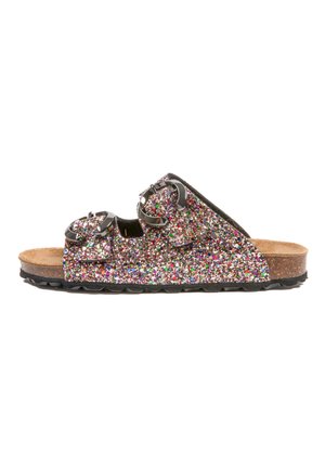 Sandales à glissière avec paillettes, présentant une base noire et une finition scintillante multicolore. Deux boucles réglables sont mises en valeur par un design en métal lisse.