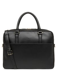 Borsa in pelle nera con doppio manico superiore e una tracolla regolabile. Presenta una tasca anteriore e dettagli in hardware dorato.