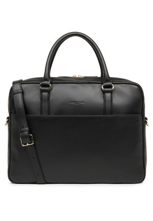 Borsa in pelle nera con doppio manico superiore e una tracolla regolabile. Presenta una tasca anteriore e dettagli in hardware dorato.