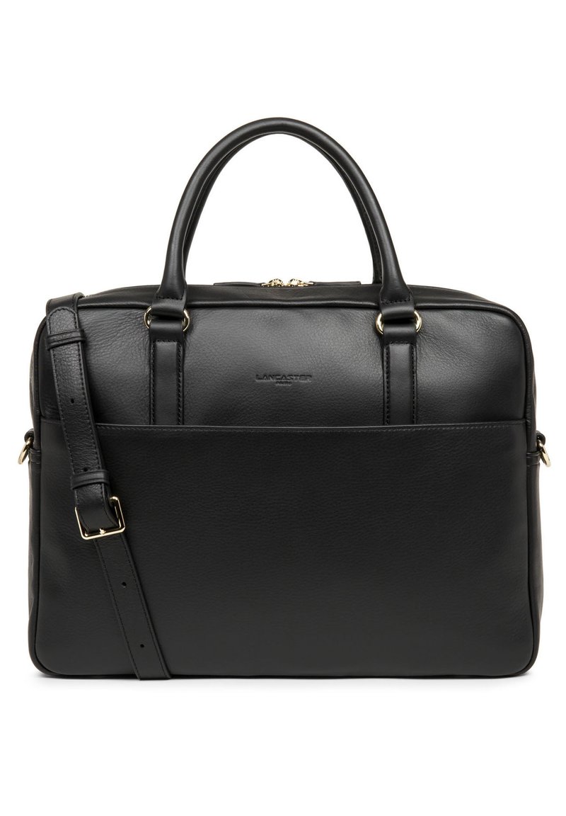 Borsa in pelle nera con doppio manico superiore e una tracolla regolabile. Presenta una tasca anteriore e dettagli in hardware dorato.