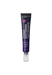 Tubetto viola di Smilepen Power Whitening Toothpaste, con beccuccio trasparente, istruzioni e promesse di uso senza dolore e sbiancamento dei denti.