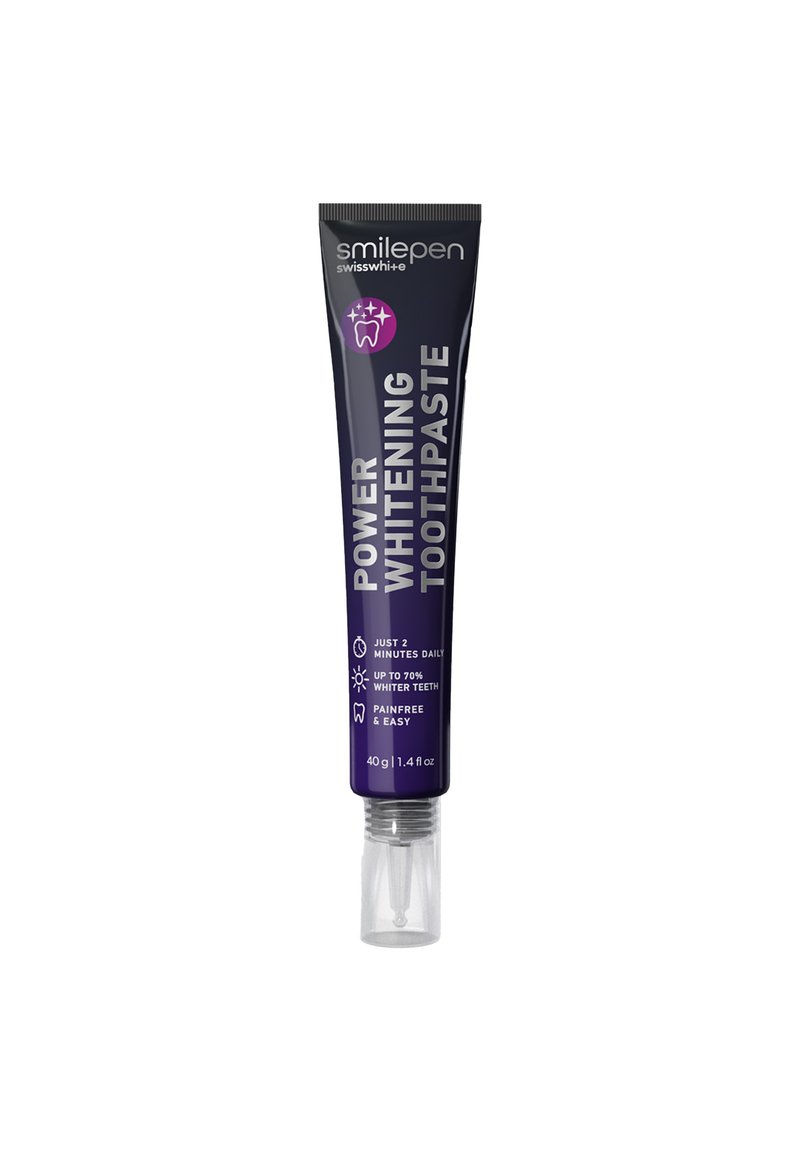 Tubetto viola di Smilepen Power Whitening Toothpaste, con beccuccio trasparente, istruzioni e promesse di uso senza dolore e sbiancamento dei denti.
